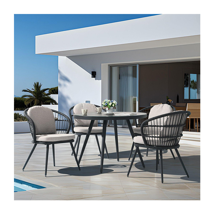 Courtyard Outdoor Dining Set with Round Tempered Glass Table and Rope Weave Armchair