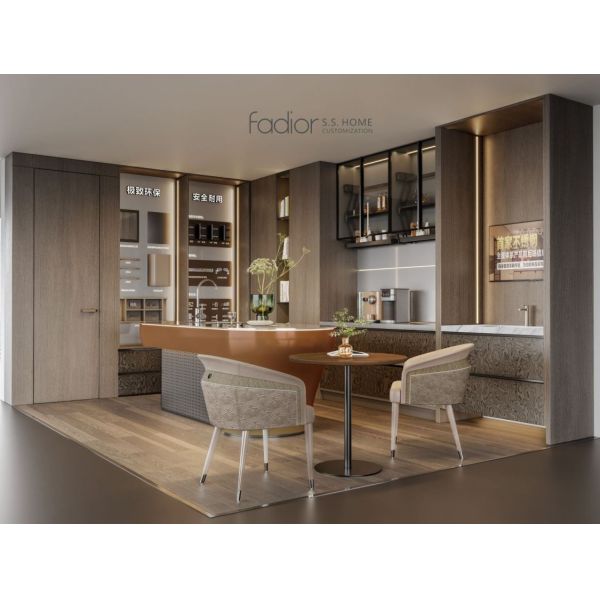 Dark Wood Stainless Steel Kitchen Cabinets with Copper Gold Island