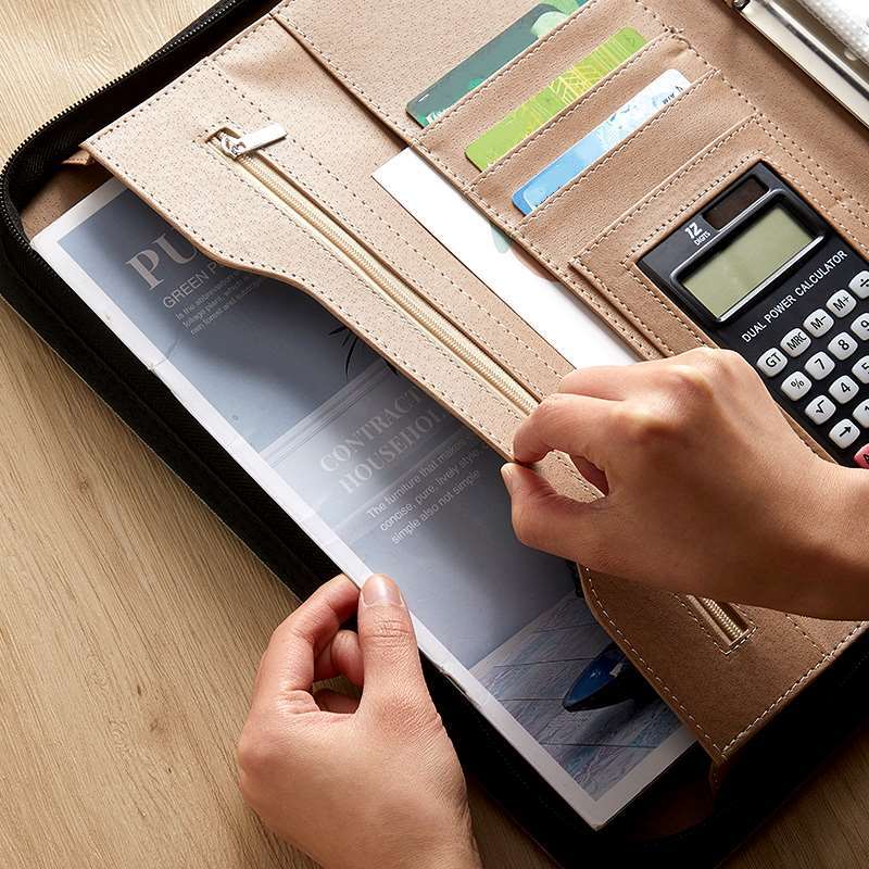 Portable Conference Zipper A4 Leather Folder A4 PU Portfolio Binder Custom