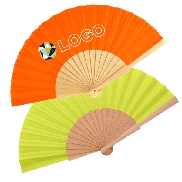 Factory Hot Price 23cm Polyester Cotton Wooden Hand Fan Color Paper Hand Held Folding Fans for Promotion Artivity