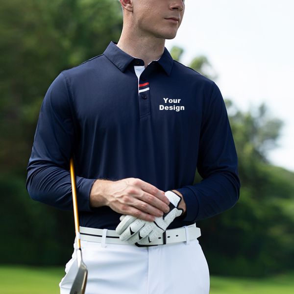 Custom Logo Men Regular Fit Long Sleeve Golf Polo Shirt, 92%/90% Polyester 8%/10% Spandex Medium Stretch Quick Dry Athletic Golf Training Top Custom Color