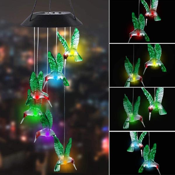 Color Changing Solar Power Wind Chime Hummingbird Butterfly Waterproof Outdoor Christmas Decoration Light for Patio Yard Garden