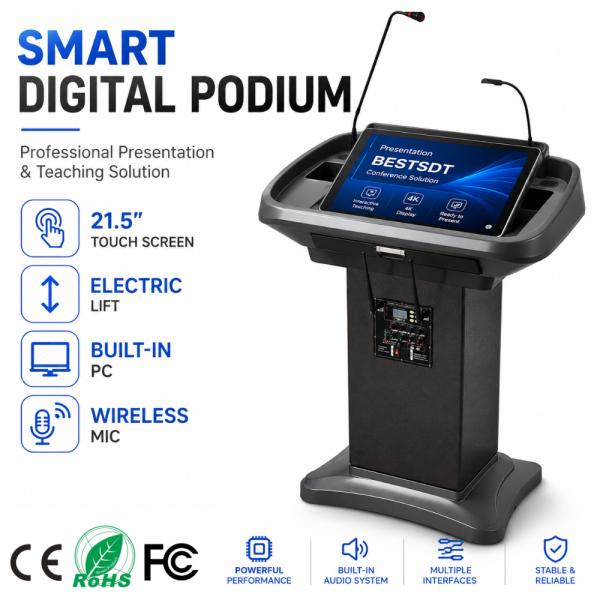 Smart Digital Podium Motorized Lift 21.5 Inch Capacitive Touch Display Integrated Speaker Wireless Microphone Lectern