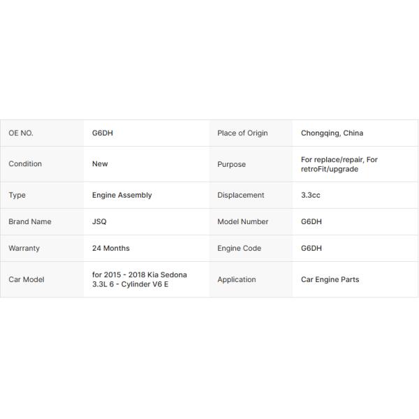 G6DH Conjunto de motores V6 de 6 cilindros para 2015 - 2018 Kia Sedona 3.3L