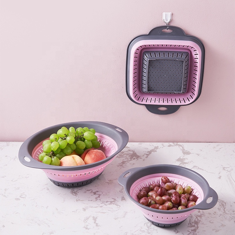 Large Kitchen Folding Drain Basket Round Square Plastic Fruit Basket with Telescopic Feature for Fruit and Vegetable Washing