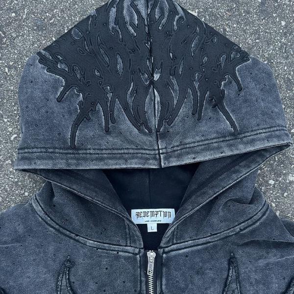 Custom Embossing Graphic Zipper up Hoodies for Men Heavyweight Cotton Fleece Hoodies 450gsm Vintage Acid Wash Streetwear Hoodies