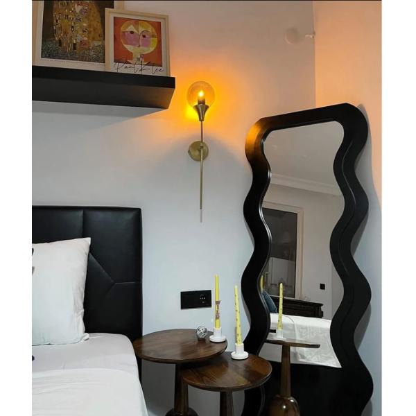 OEM Floor Wavy Standing Mirror Black Ornate Wooden Frame