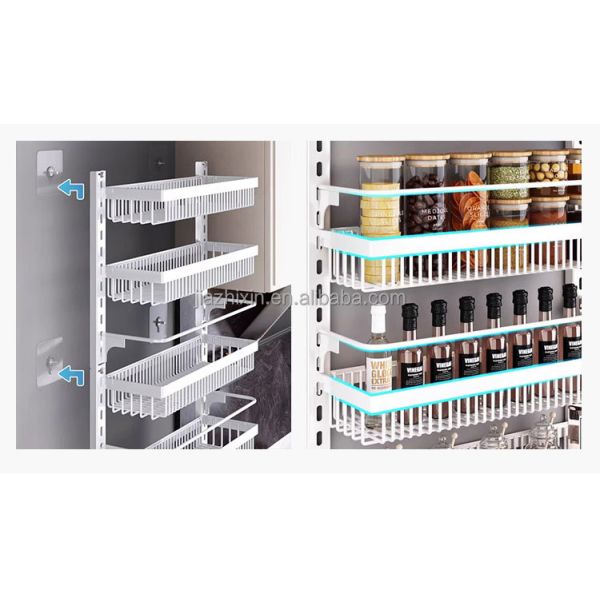 Multi-Function Metal Organizers Punch-Free Wall-Mounted Storage Rack with Adjustable Seasoning Basket for Kitchen Bathroom Doors