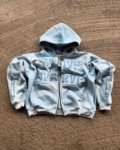 Custom Fashion Streetwear Sun Faded Heavy Cotton Vintage Acid Washed Zip up Oversized Boxy Fit Rhinestone Hoodie Manufacturers