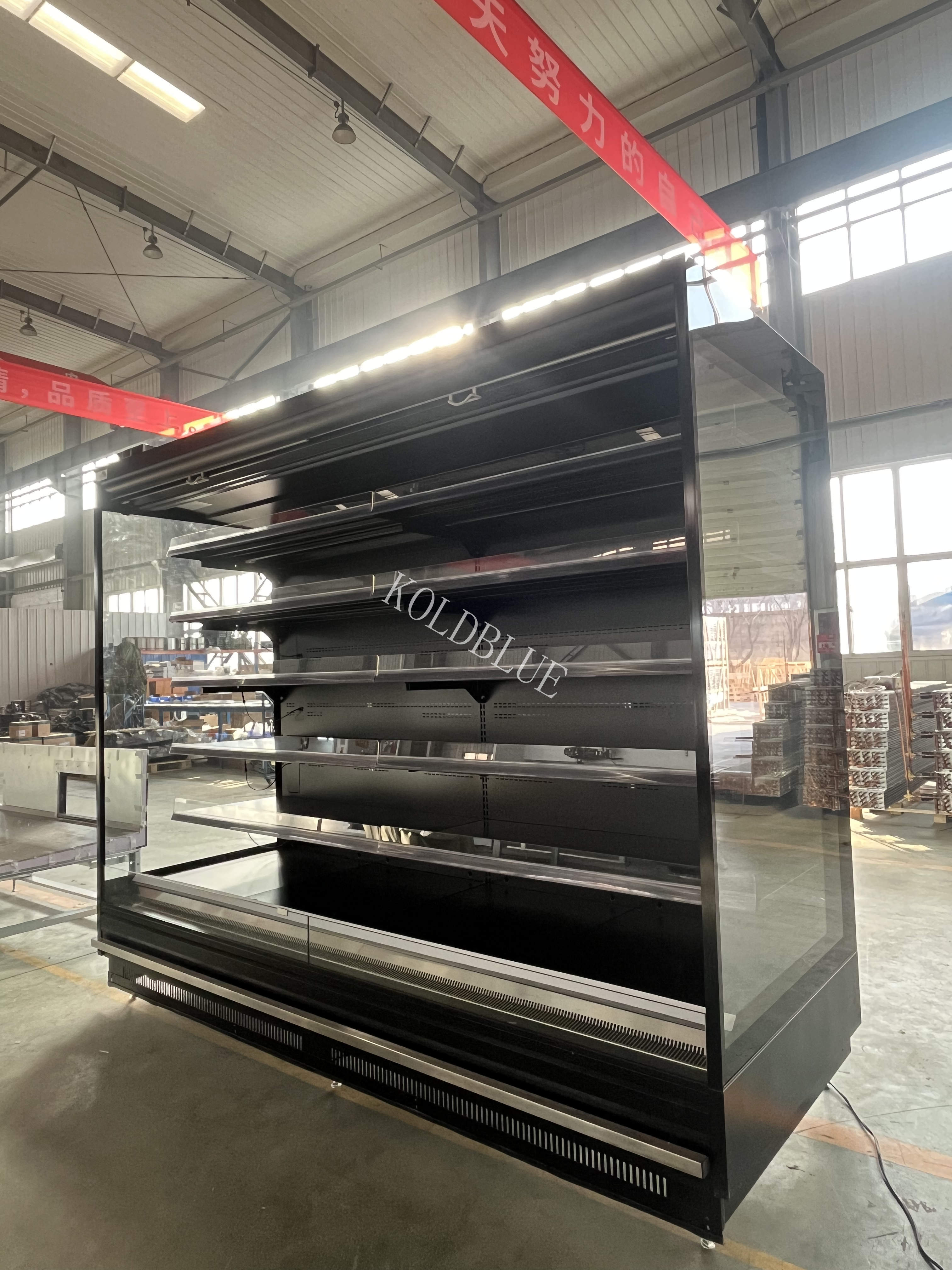 Remote Multideck Open Display Chiller with Led Light Panoramic Endpanel and Adjustable Shelves for Supermarket
