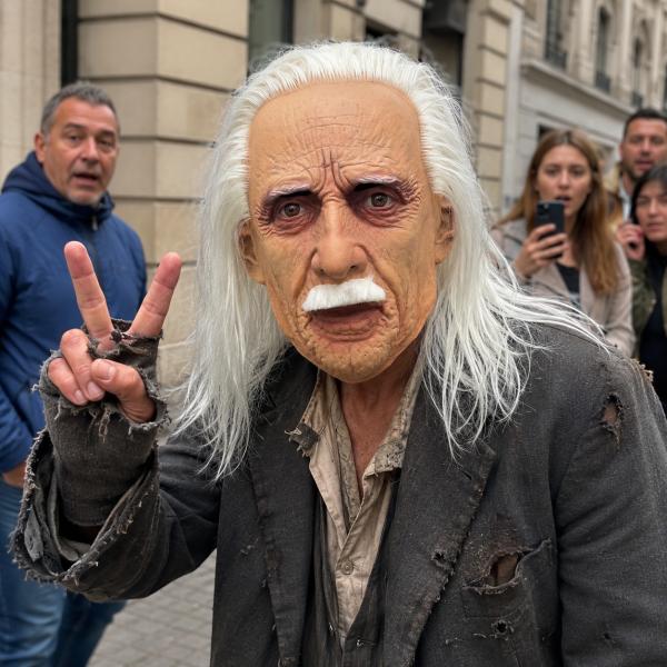 Long White Hair Old Man Latex Full Head Mask with White Mustache, Realistic Wrinkles, Aged Skin Texture and Visible Eye Openings for Halloween Party Cosplay Costume Photo Video Props