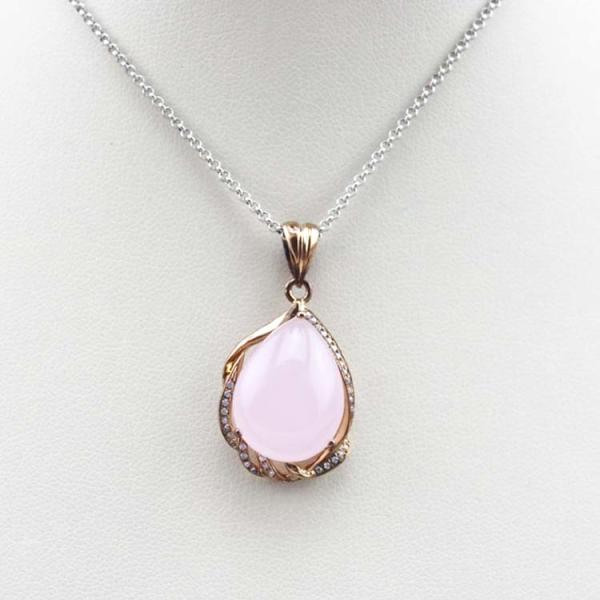 18K Rose Gold Plated 925 Silver Pear Rose Quartz  Cubic Zirconia Pendant (PSJ0167)
