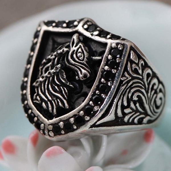 Retro Sterling Silver Engraved Unicorn Pave Black Cubic Zircon Men Ring (043890)