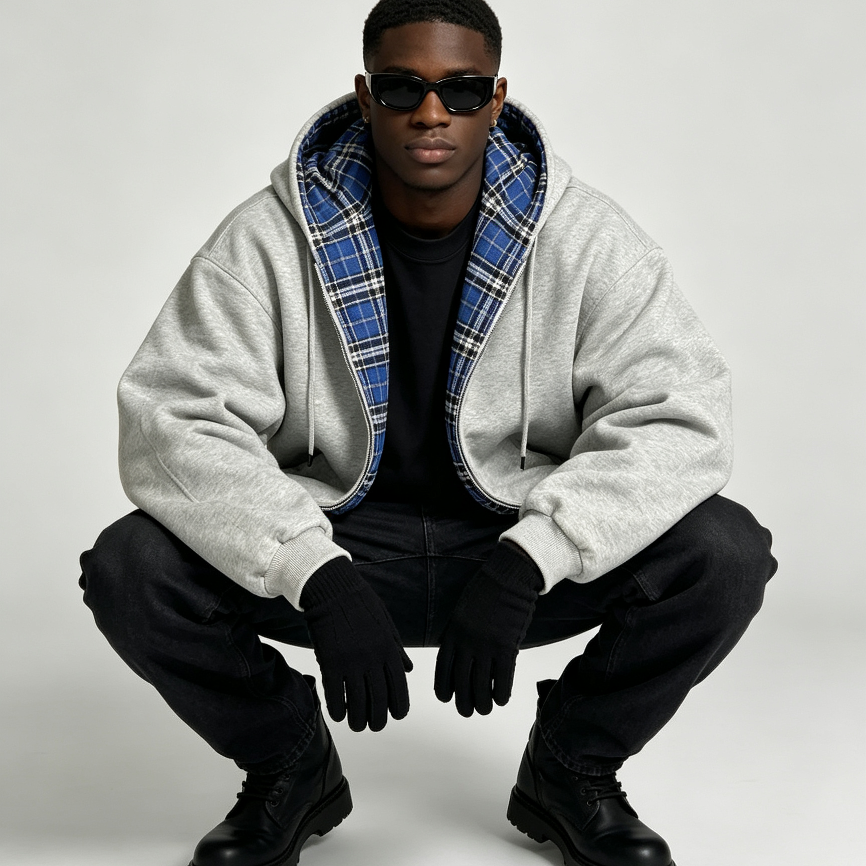 Plaid Lined Zip Up Hooded Sweatshirt Jacket, Oversized Loose Contrast Check Inner Hoodie 3 Colors Cross-Border Wholesale for Autumn