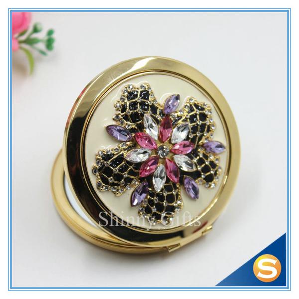 Shinny Gifts Luxury Rhinestone Flower Design Metal Compact Mirror Small Makeup Mirror For Girls Gift
