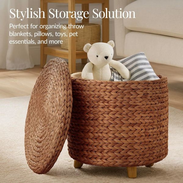 Tall Water Hyacinth Wicker Basket with Handles | Natural, Brown, Natural Bathroom Trash Can Boho Style - Wicker Trash Can With Lid For Household, Kitchen - Removable Liner, Iron Frame