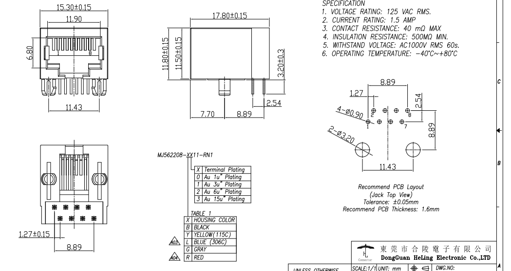 1 гаван соединитель RJ45 Джек модульный незаслоненный до отверстие MJ562208-L011-RN1