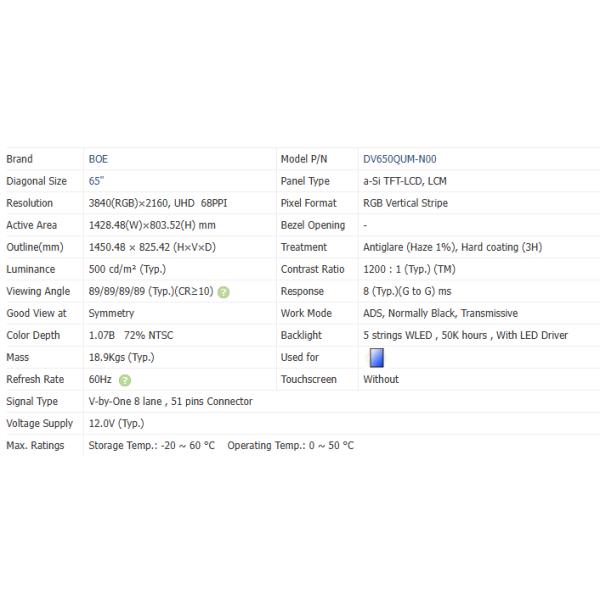 65Inch TFT LCD Display 60HZ V By One Interface Touch Screen Tft Lcd Lcd Panel