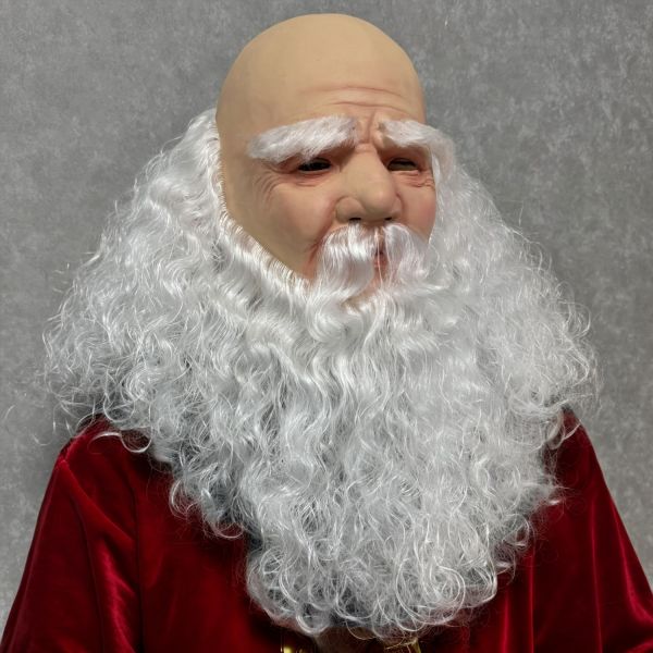 Realistic Santa Claus Mask Bald Old Man Latex Headgear with Long White Beard Christmas Cosplay Costume Prop
