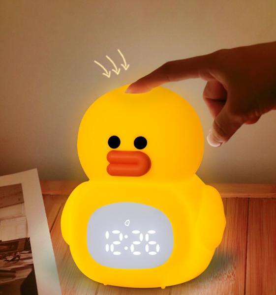 Cartoon Duck LED Night Light Alarm Clock Kawaii Silicone Sensor Warm Color Remote For Kids' Room