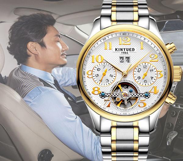 KINYUED  stainless steel automatic mechanical watch for men skeleton water resistant watch