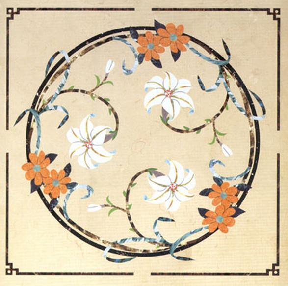Parquet, natural stone parquet, engineered stone water jet medallion