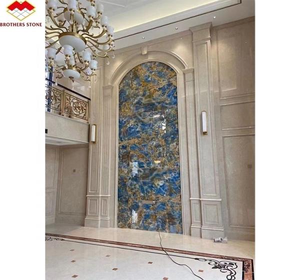 Blue Golden Onyx Stone Slabs Natural Translucent Marble for TV Background Wall Panels