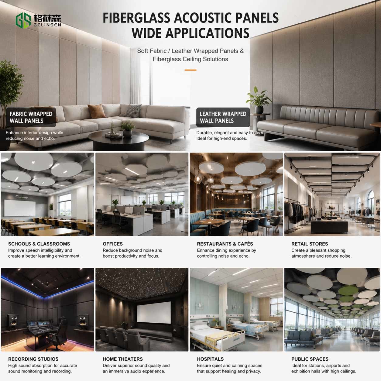 Fiberglass Acoustic Panel Sound Absorbing Baffles Height-Adjustable for Office Ceiling