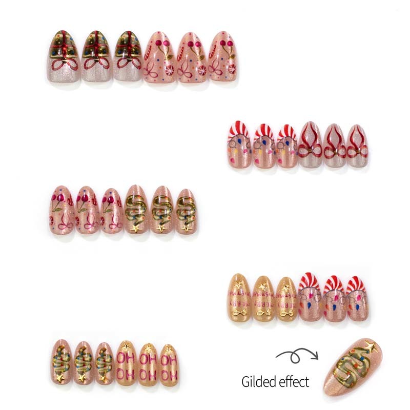Wholesale Gift Bow Christmas Holiday Fake Nails Almond Nude Candy Cane Tree