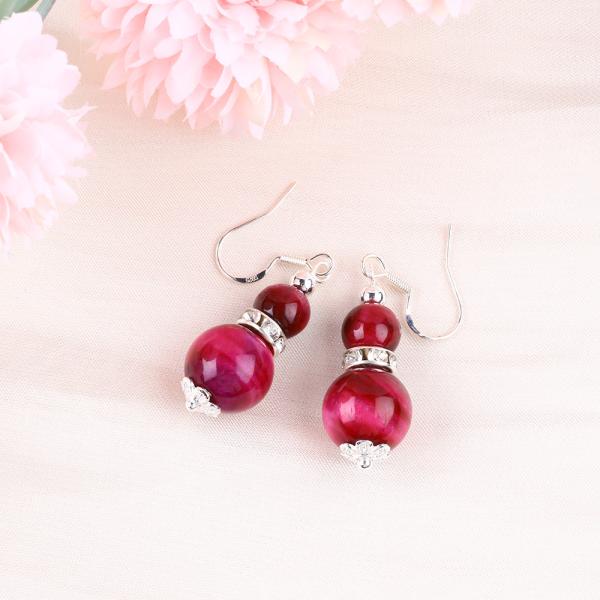 Handmade Crystal Stone Earrings Rose Red Tiger's Eye Gemstone Pendant Beaded Earrings