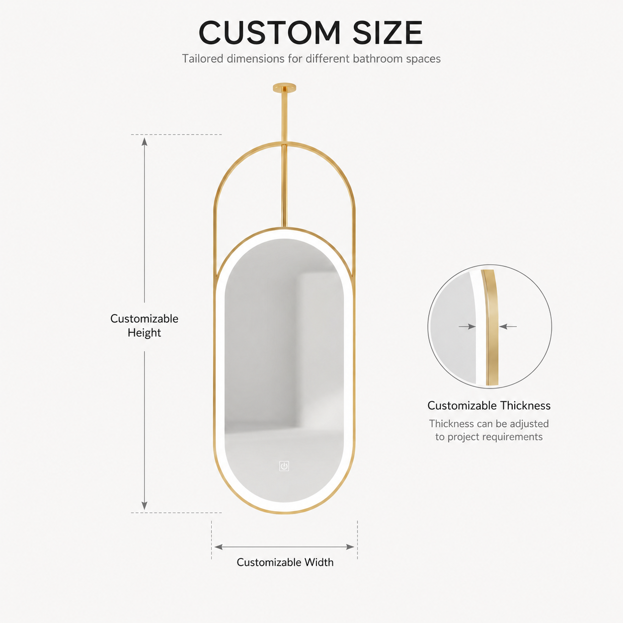Kingstin Ceiling Mount LED Smart Mirror, Oval Touch Dimming Defog Ceiling Mounted Vanity Mirror Custom Size