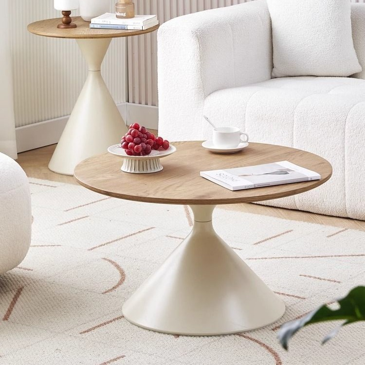 Creative Cream-Style Round Wood and Metal Tea/Coffee Table Minimalist Mobile Sofa Side Table for Small Spaces Home Living Room