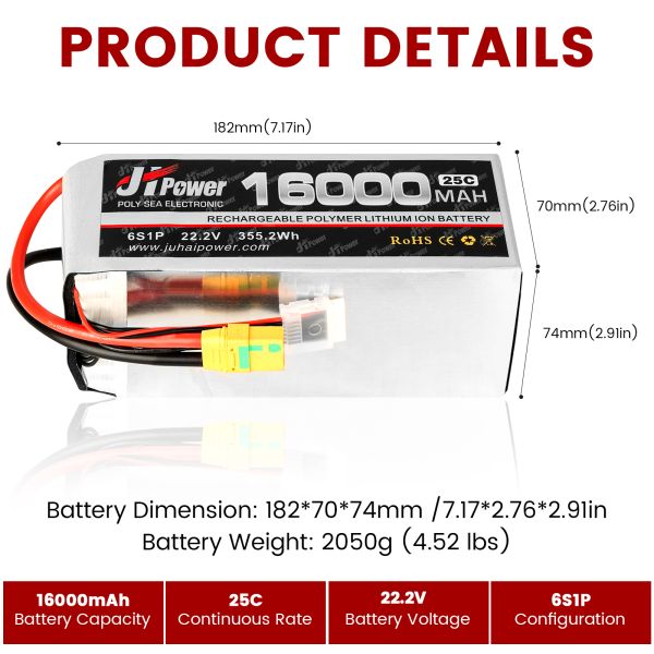 High Capacity FPV Drone Battery 16000mAh 6S Lipo Battery 22.2V For Racing Drones
