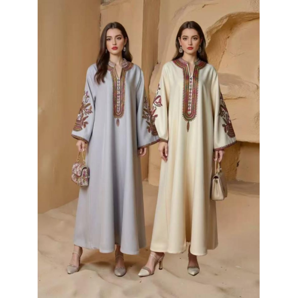 SMT075 Middle Eastern Modest Wear Ethnic Embroidered V-Neck Maxi Abaya
