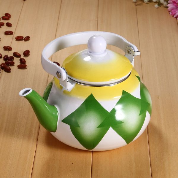 Customized Logo Enamelled Kettle Teapot Coffee Pot With Red Blue Yellow Geometric Pattern