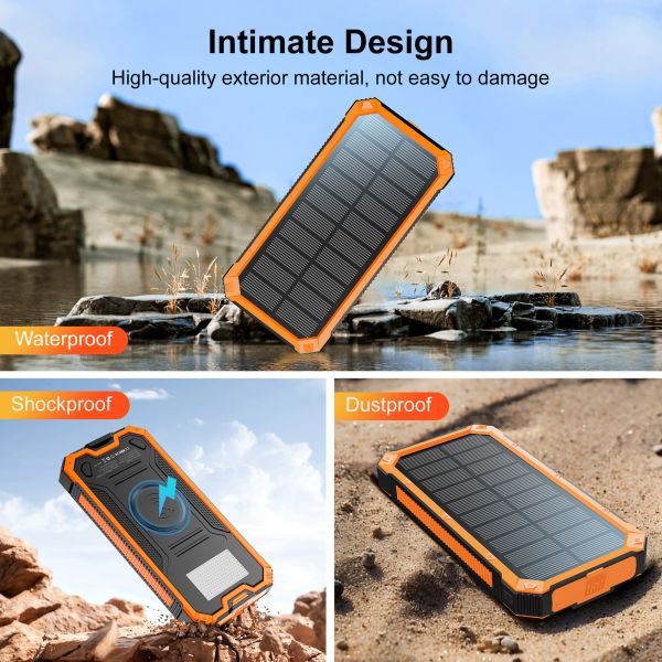Solar Wired Power Bank 10000mAh Portable Wireless Charger Outdoor Battery Fast Charging