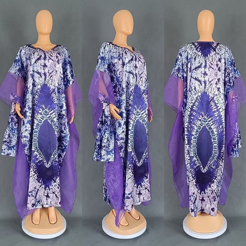 Women’s African Print Chiffon Kaftan Dress with High-Waist Design for Elegant Casual Wear