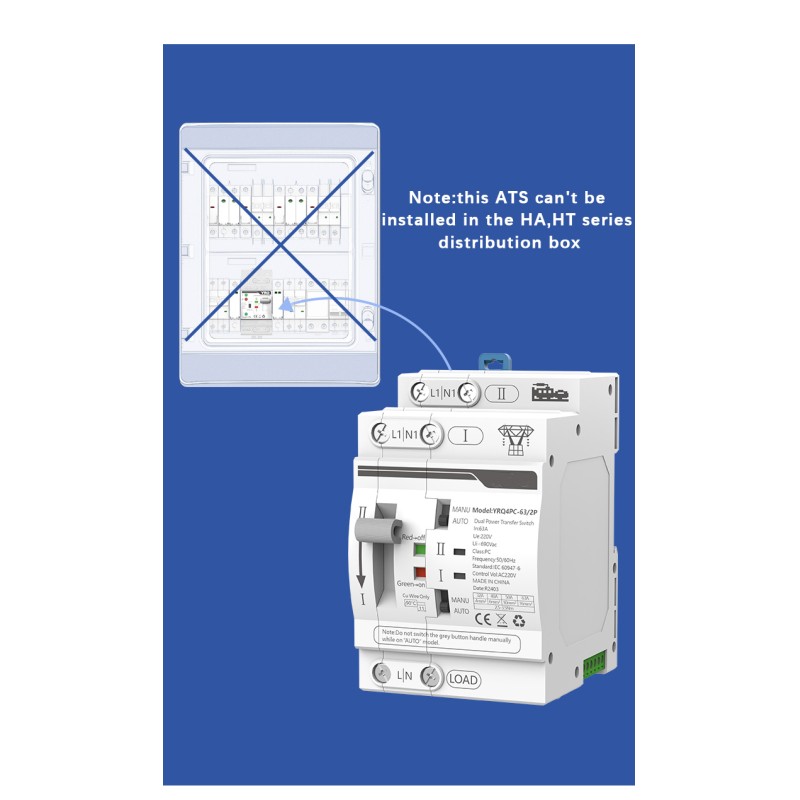 2P 230V ATS Changeover Device Dual Power 80A Din Rail PC Type Automatic Transfer Switching
