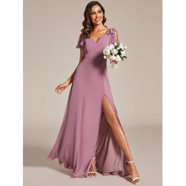 Empire Plus Size V-neck High Split A-line Short Sleeve Zipper Mint Green Chiffon Bridesmaid Dress