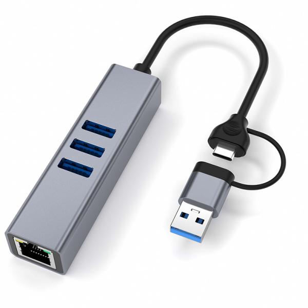 USB Type C LAN Adapter 6-in-2 USB C Hub with 3 USB 3.0 Ports and RJ45 Gigabit LAN Interface