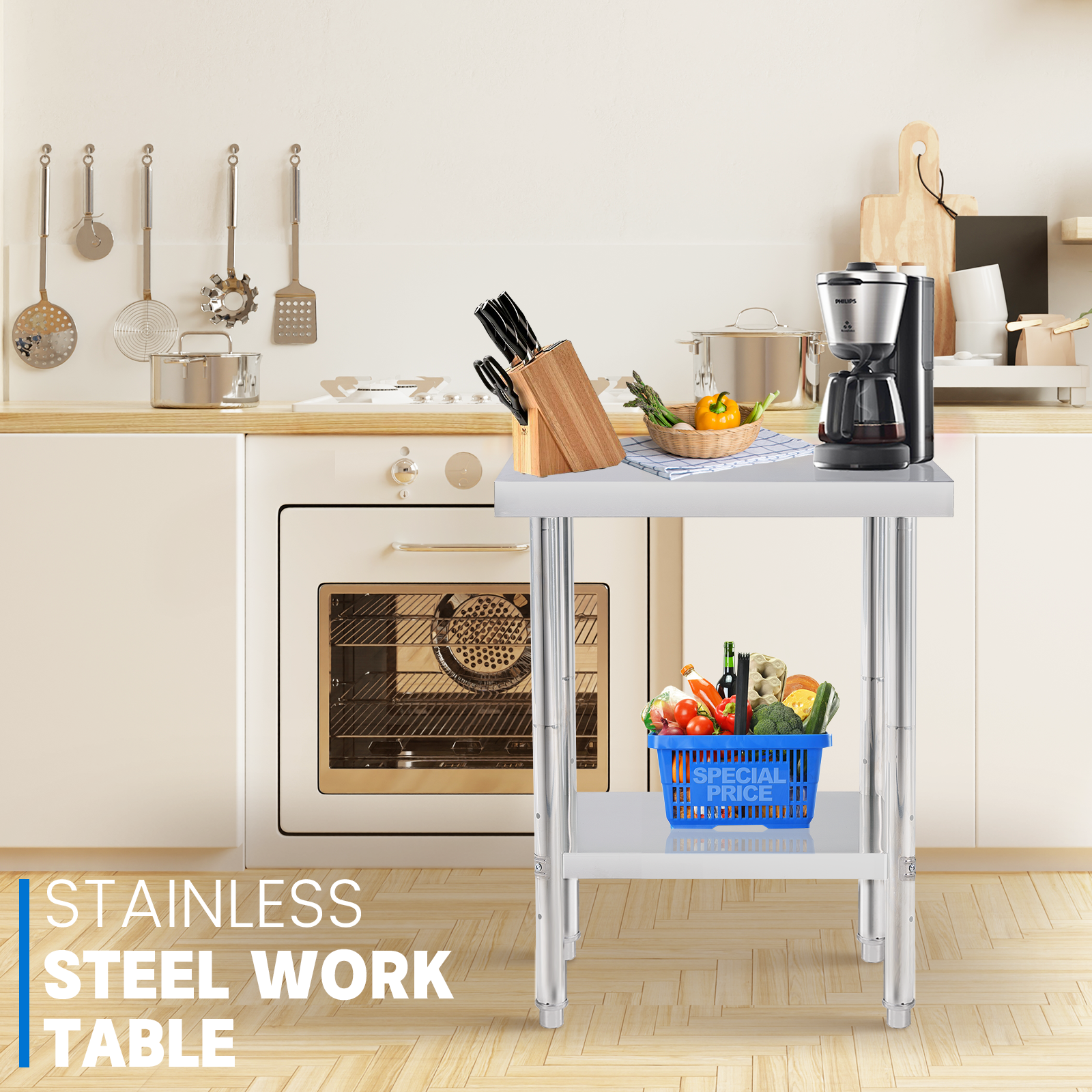Double-layer Stainless Steel Work Table with Durable Construction and Customized Size for Commercial Kitchen