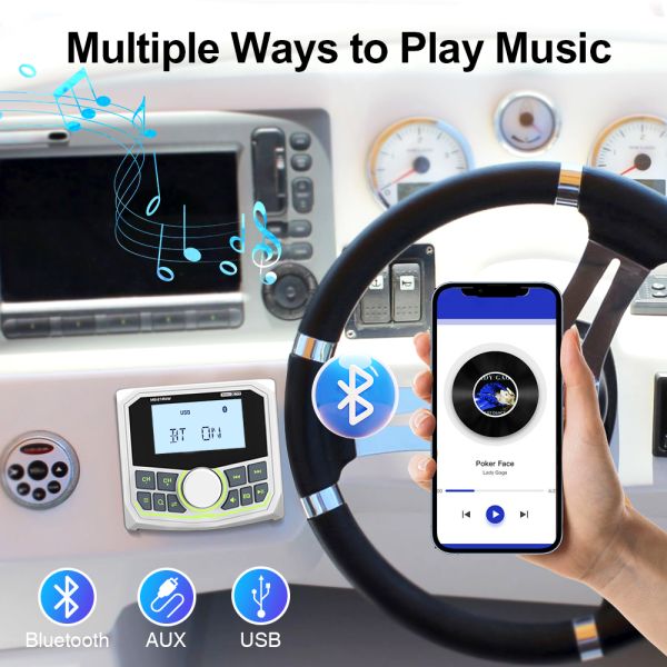 Waterproof Bluetooth Radio Marine Stereo FM AM Digital Media Audio Player+2 Pairs 4 inch Stereo Speakers For ATV UTV Golf Cart Tractor