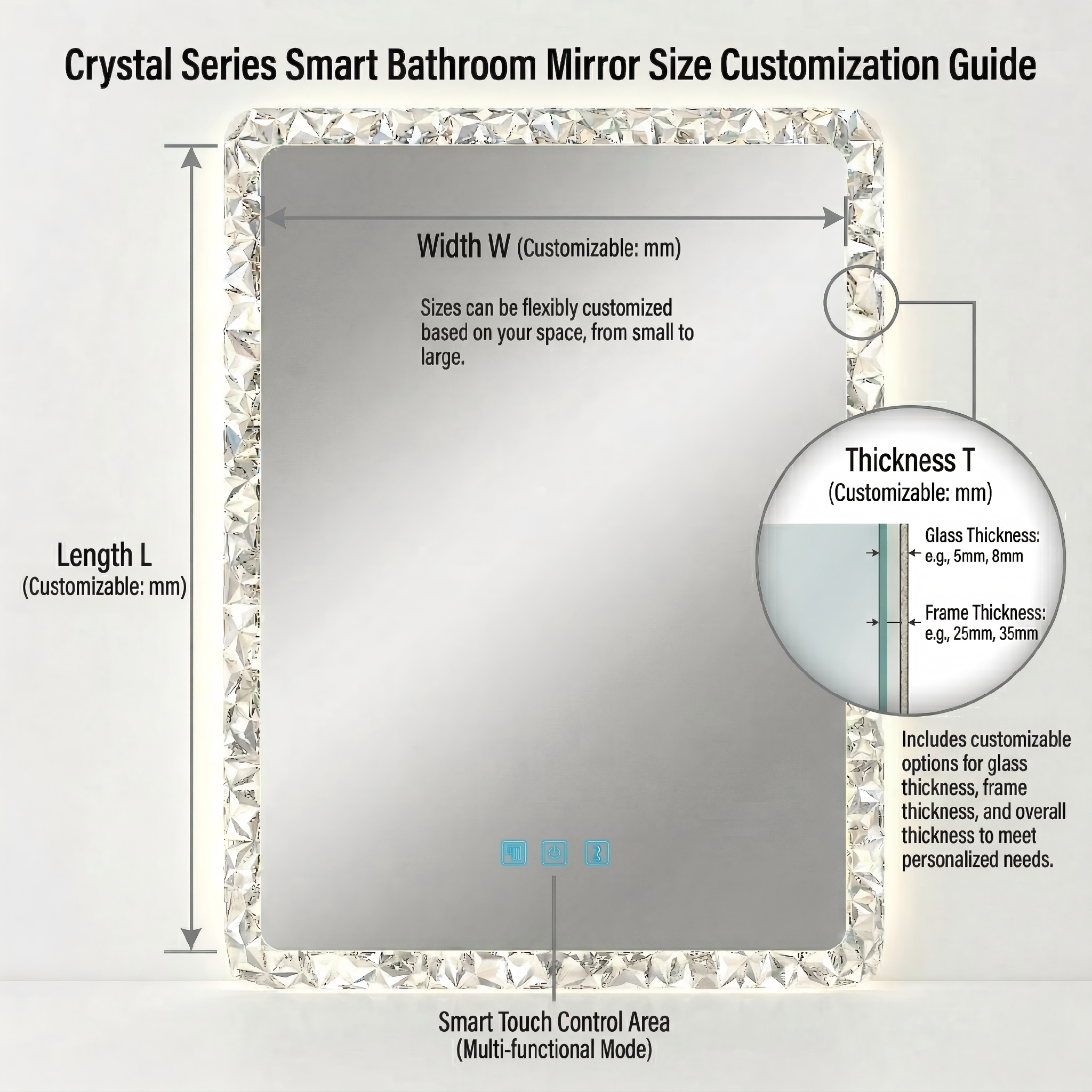 Kingstin Luxury Crystal LED Smart Mirror RGB Light Wall Mounted Bathroom Vanity Mirror Custom Size