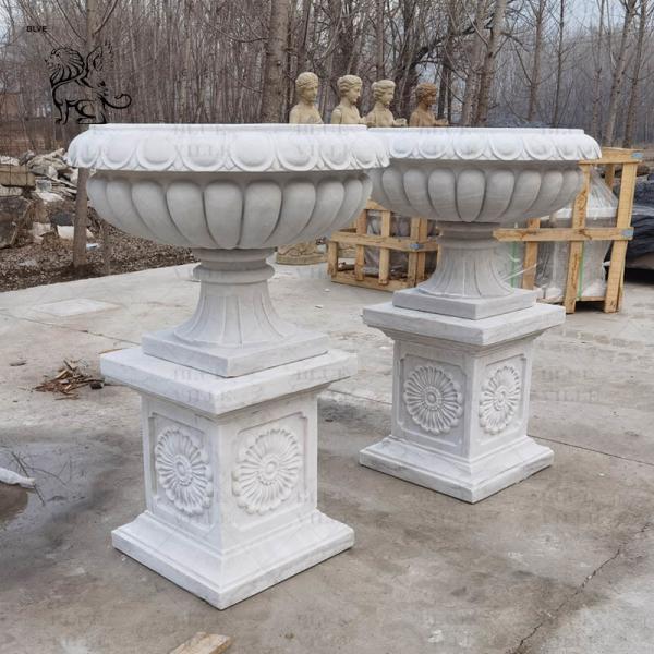 Natural Stone Flower Pot White Marble Planter Urns Handcarved Large Garden Modern Home Decoration Design