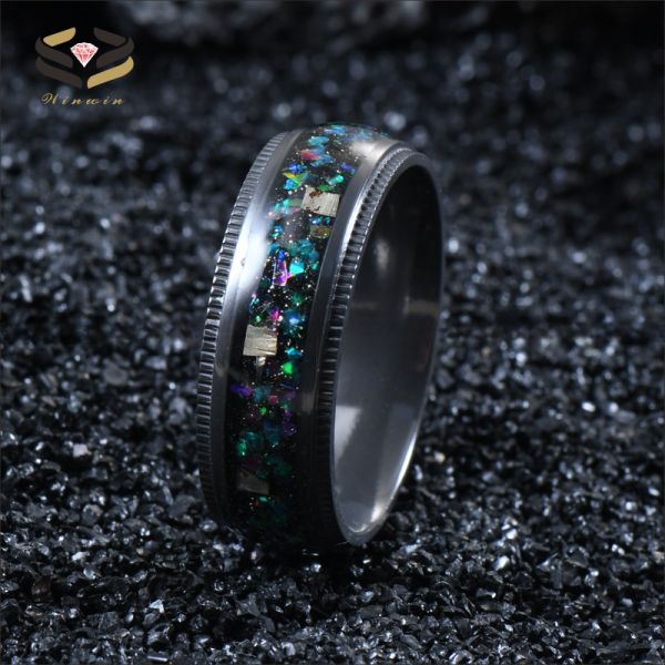 High Polished Black Zirconium 8mm Ring featuring Meteorite Inlay and Galaxy Opal Shaving for Other Religious Type