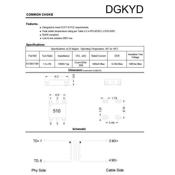 Тонкий тип трансформатор SMD сети трансформатора KT30617SR 100BASE-TX локальных сетей