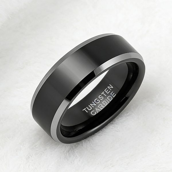 8MM Black Tungsten Wedding Band Ring with Silver Beveled Edge for Men and Women