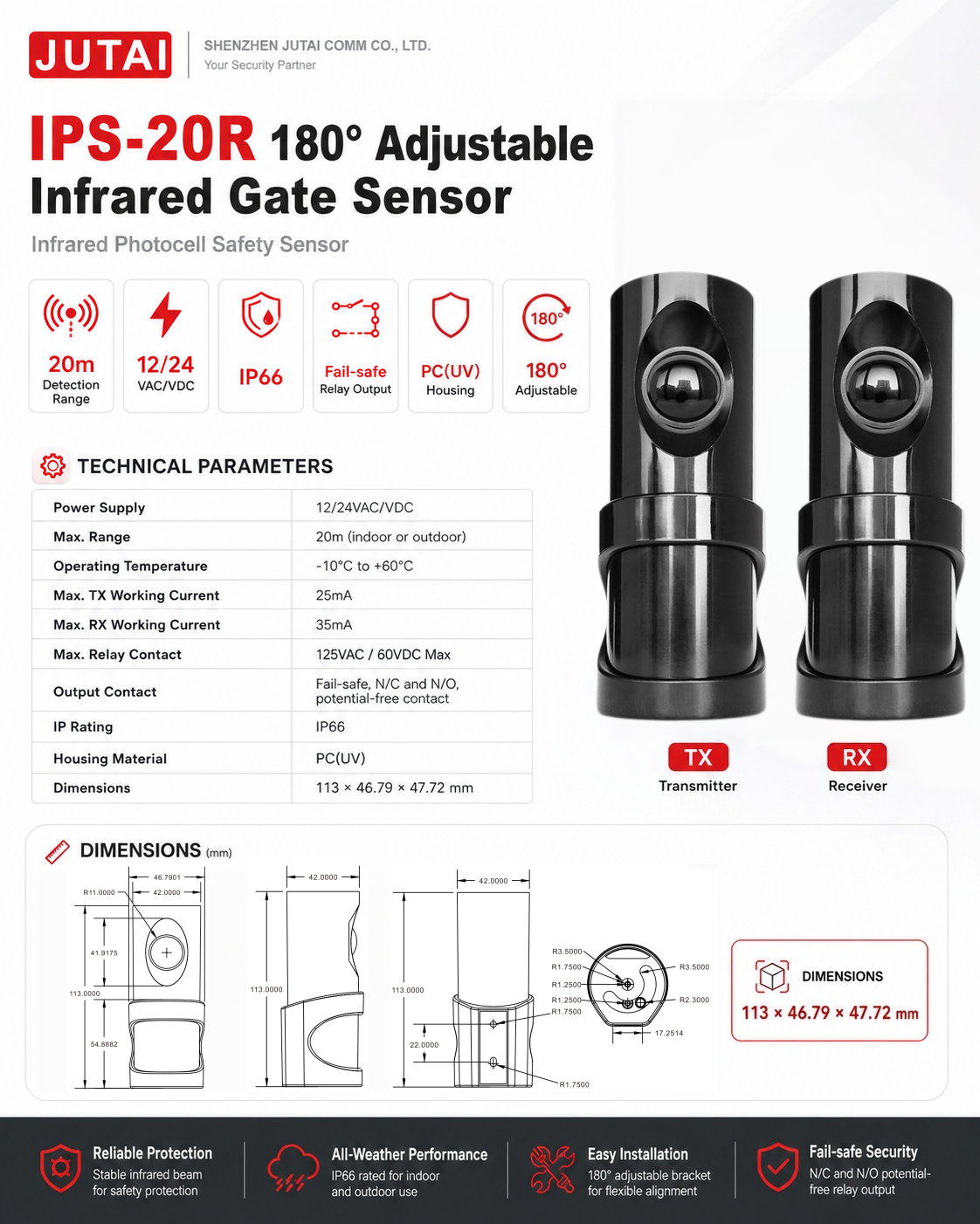 180° Adjustable Gate Safety Photocell IPS-20R 20m Infrared Beam Sensor with NO NC Relay for Automatic Gate and Parking Barrier