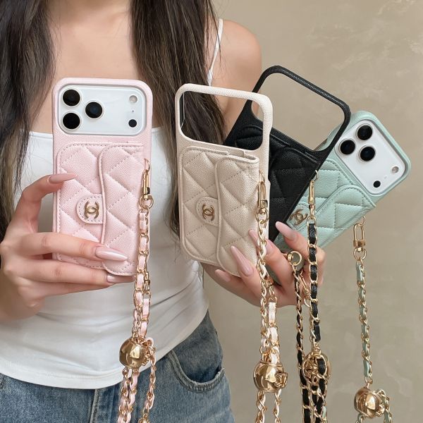 Caviar Diamond-patterned Card Slot Crossbody Chain case for 114 Pro Max, iPhone 16 Pro Protective Case, 17 Pro
