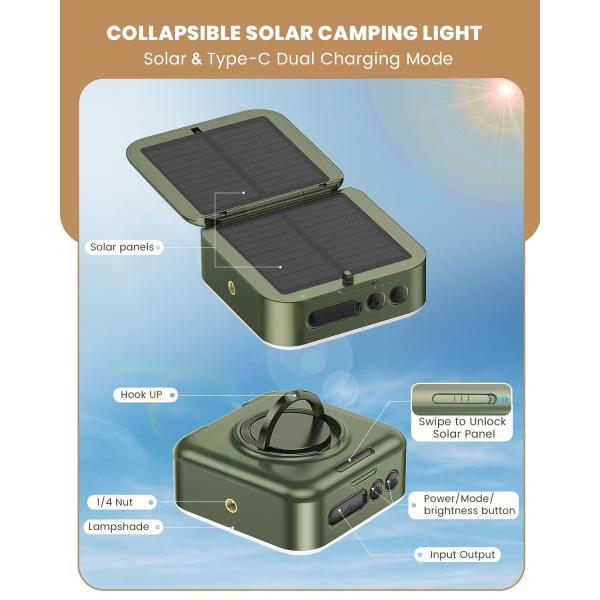 Assembled Height 1.77 inches 1000LM 5 Modes Solar/USB Rechargeable Camping Lantern